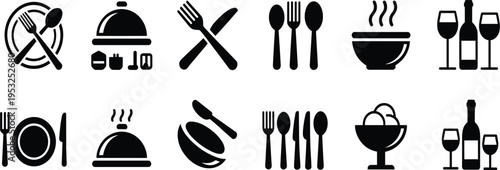 Restaurant and dining icons with plates cutlery bowls and wine glasses Keywords: food, drink, restaurant, dining, cutlery, plate