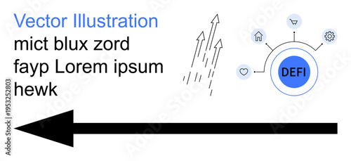 Financial technology, investment growth, digital blockchain, decentralized systems, fintech tools, Defi market. Bold black arrow with growth lines and DeFi network. Financial technology