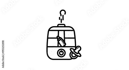 Baby bottle sterilizer icon, steam, pacifier, hygiene for infant feeding, clean baby care equipment