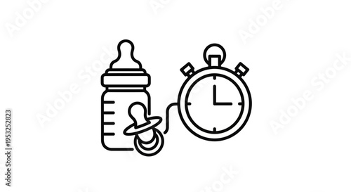 Baby bottle with pacifier and stopwatch icon, symbolizing feeding time and baby care schedule