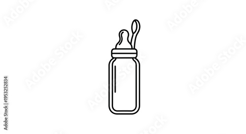 Baby Bottle with Spoon Icon, Simple Line Art, Newborn Feeding Equipment, Infant Care Symbol