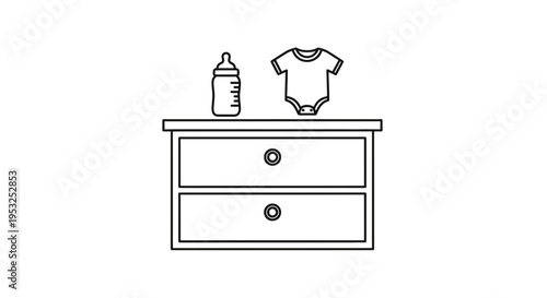 Baby Clothes and Bottle on Dresser: Newborn Essentials, Nursery Furniture, Simple Line Art