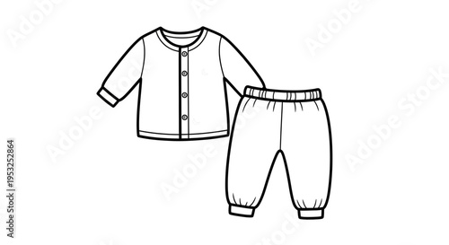 Baby Clothes Set Line Art: Cardigan and Pants, Outline Illustration