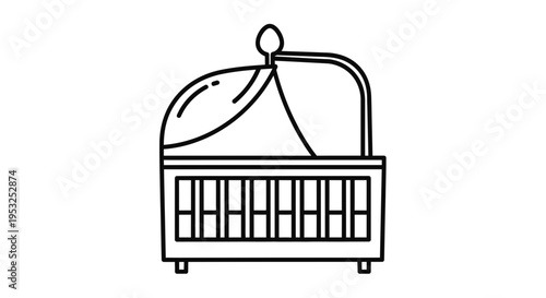 Baby Crib Icon Line Art - Vector Illustration of a Newborn Bassinet with Canopy