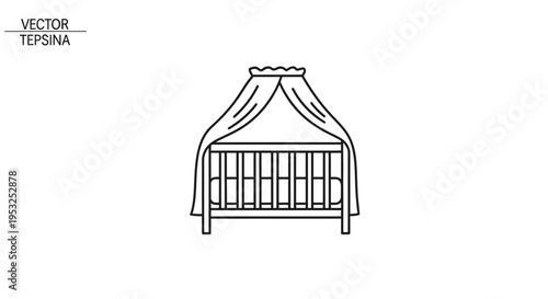 Baby Crib Icon Vector Illustration - Newborn Bed with Canopy, Simple Line Art Design