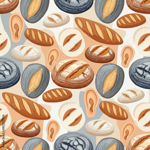 A seamless pattern of various types of bread on a neutral background, featuring a mix of crusty loaves and rolls in different colors and textures.