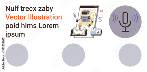 Language learning, AI tools, translation, communication, digital interaction, education. Microphone, open book icons and smartphone screen. Language learning and translation concept