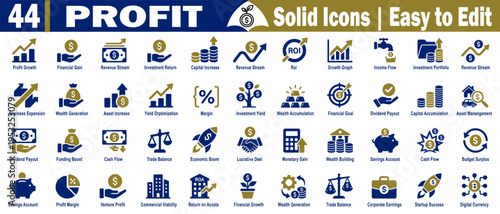 Profit solid icons. Easy to edit, representing financial growth, investment, and business success on a transparent background vector illustration.