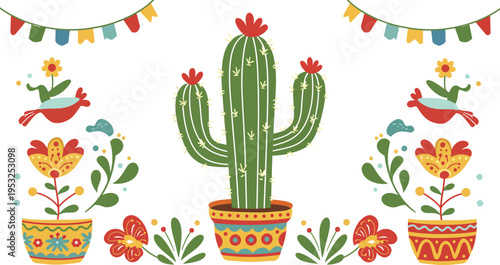 A set of potted cactus flowers and spring floral blossoms featuring yellow tulips and narcissus petals in a nature-inspired vector bouquet isolated on white