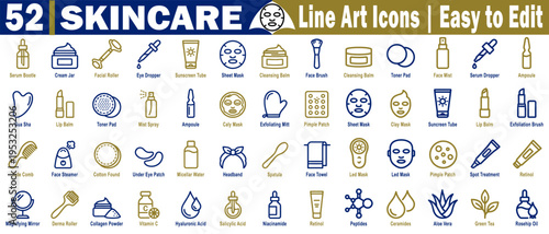 Skincare product line art icons. Featuring treatments including serums, creams, masks, and facial tools, easy edit vector illustration.