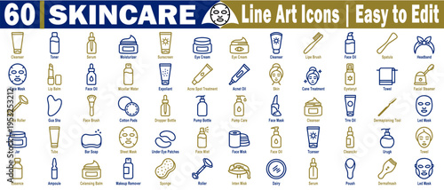 Skincare products liner icons set. Collection of beauty treatments including bottles, masks rollers and applicators vector vector illustration.