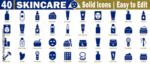 Skincare products solid icons. Featuring beauty treatments, including bottle masks and facial tools, an easy-to-edit vector illustration.