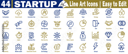 Startup line art icons set. Covering executive themes like mergers, acquisitions, revenue scales, venture capital exit strategies, and ecosystems vector illustration.