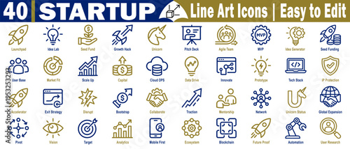 Startup line art icons. Featuring specialized terminology like unicorn status, pivot traction, bootstrap global expansion, and technical infrastructure vector illustration.
