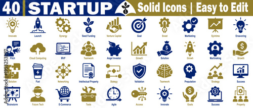 Startup solid icons. Collection including bold graphics for synergy market goals, validation, reputation, teamwork success, future technology, and digital tools vector illustration.