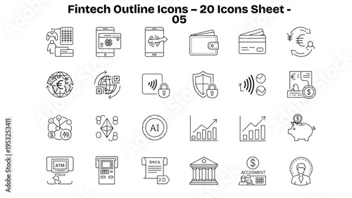 Fintech Outline Icon Set 20 Line Icons Digital Payment Banking Wallet Cryptocurrency AI Analytics Editable Stroke Vector sets