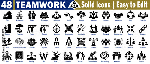 Teamwork icons set. Collection of representing effort achievement backup, brainstorming handoff dialogue unity, and partnership for business concepts vector illustration.