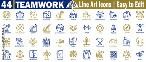 Teamwork line art icons. Collection showcasing collaboration, partnership, unity, synergy, and shared goals for business projects, vector illustration.