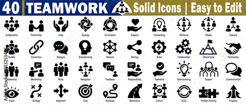 Teamwork solid icons. Collection for collaboration partnership unity, synergy, co-creation support, and brainstorming for business applications vector illustration.