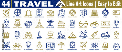 Travel line art icons. Easy to edit includes airplane, globe, suitcase, passport, camera, map, hotel, tent, train, car, bus, ship, bicycle, hot-air-balloon vector illustration.