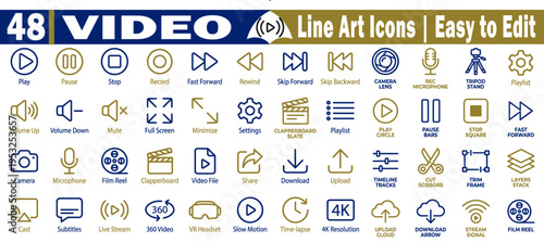 Video line art icons pack. Featuring play, pause, stop, record, fast forward, rewind, skip camera, microphone, tripod, volume mute, full screen settings, and download vector illustration.