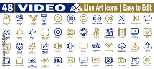  Video & Multimedia production line icons. Including drone action cam lens hood, record camera clapperboard, film strip timeline filters, color wheel, and export vector illustration.