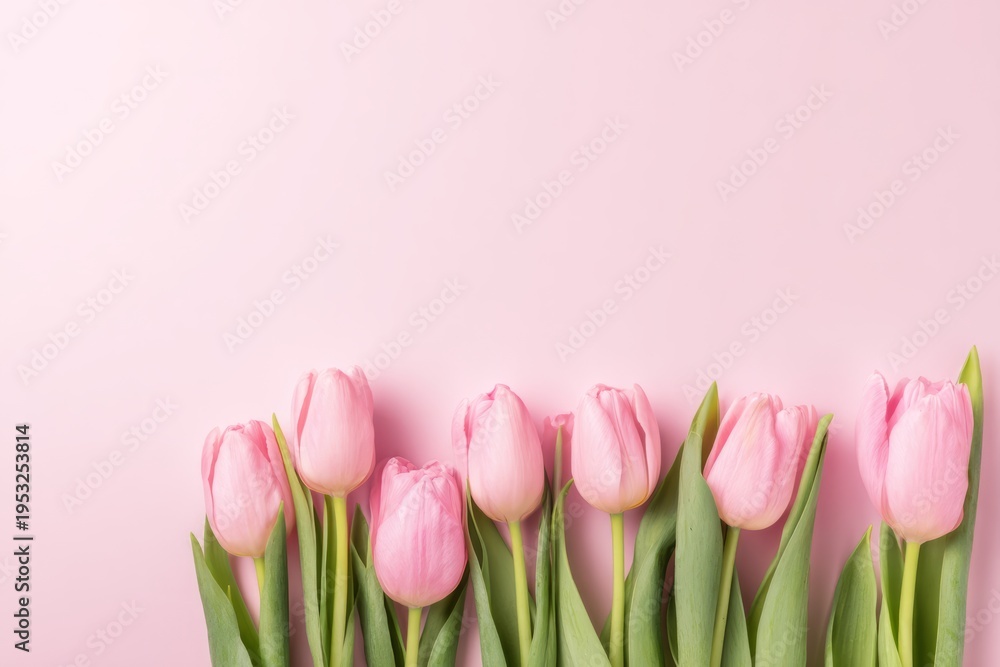 Fototapeta premium beautiful pink tulip flowers on a pastel background, a flat lay top view with copy space. 