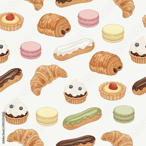 A colorful assortment of various pastries and desserts, including croissants, macarons, and eclairs, scattered on a plain white background in a flat lay composition with a sweet and