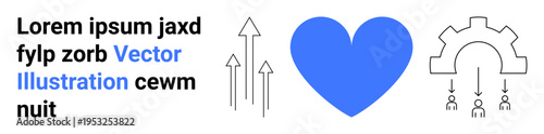 Teamwork, inspiration, love, progress, technology, innovation. Blue heart, upward arrows gear with people symbols. Collaboration and inspiration conceptual