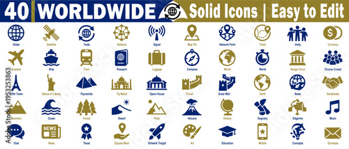 Worldwide solid icons concept, set of modern solid icons for web and app development, simple fill icons vector illustration.