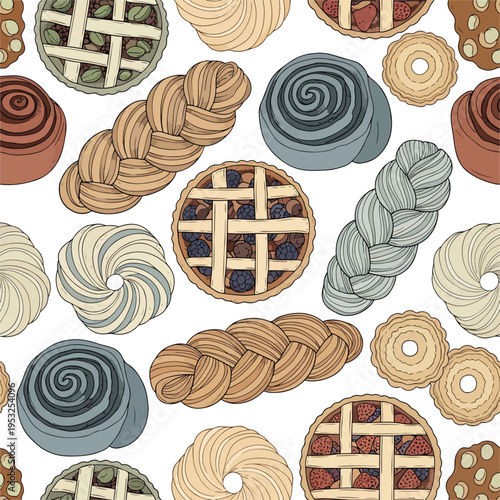 Illustration of various pies and tarts with lattice crusts in shades of brown, gray, and beige on a white background.