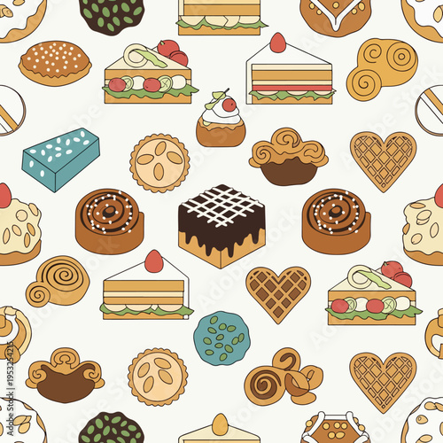 A seamless pattern of various sweet baked goods and desserts on a white background with a colorful and appetizing mood.