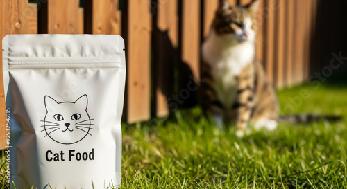 Pet food bag (cat food) near fence symbolizing pet care