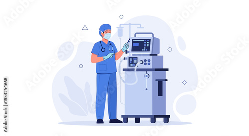 Doctor in blue scrubs with medical equipment and ventilator in hospital