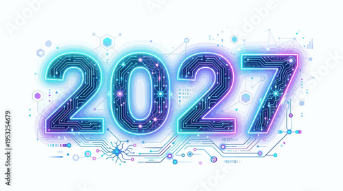Futuristic 2027 year concept with glowing neon blue and purple circuit board patterns, digital nodes, and binary code elements on a clean bright white background