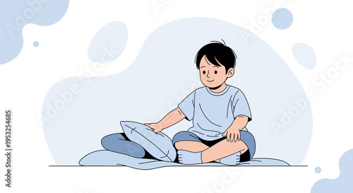 Cute Boy Sitting with Pillows, Playful Childhood Illustration
