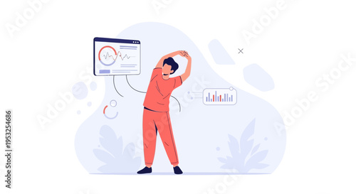 Man stretching near dashboard with charts, concept of health and data analysis