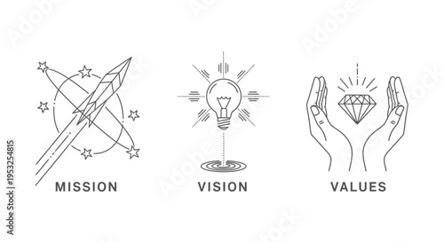 line art icons illustrating mission vision and values concepts perfect for business strategy and corporate identity presentations