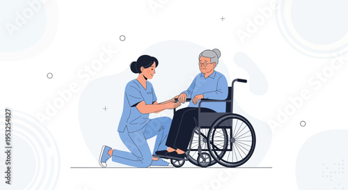 Nurse assisting elderly woman in wheelchair, healthcare and support concept