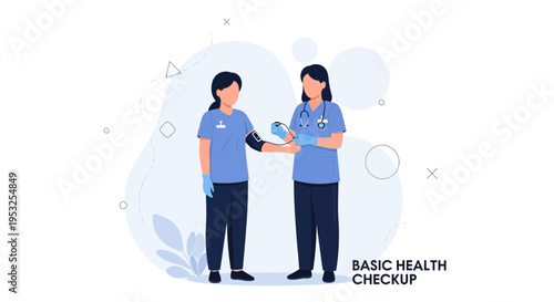 Nurse checking patient's blood pressure, basic health checkup concept illustration