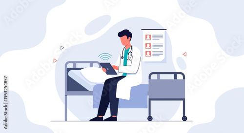 Doctor using tablet in hospital room, modern healthcare technology concept