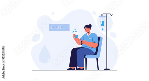 Nurse in blue uniform sitting with IV drip and glass of water in hospital room
