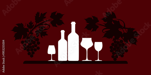 Elegant wine arrangement with bottles glasses and grapevines in silhouette