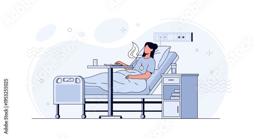 Patient in Hospital Bed with IV Drip and Overbed Table - Medical Illustration