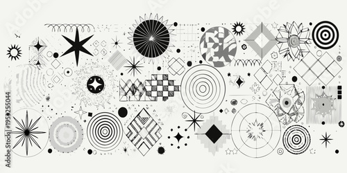 Abstract arrangement of geometric shapes and radial patterns in black and white