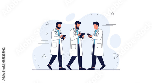 Three doctors in white coats discussing medical records on tablets
