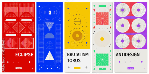 A series of six vertically oriented abstract geometric art panels