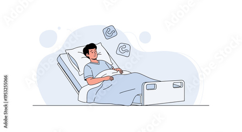 Man in hospital bed thinking about recovery, illustration