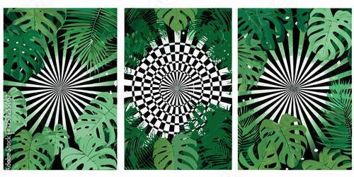 Tropical leaves and optical illusion a vibrant triptych design
