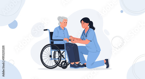 Nurse caring for elderly woman in wheelchair, healthcare, medical assistance, support